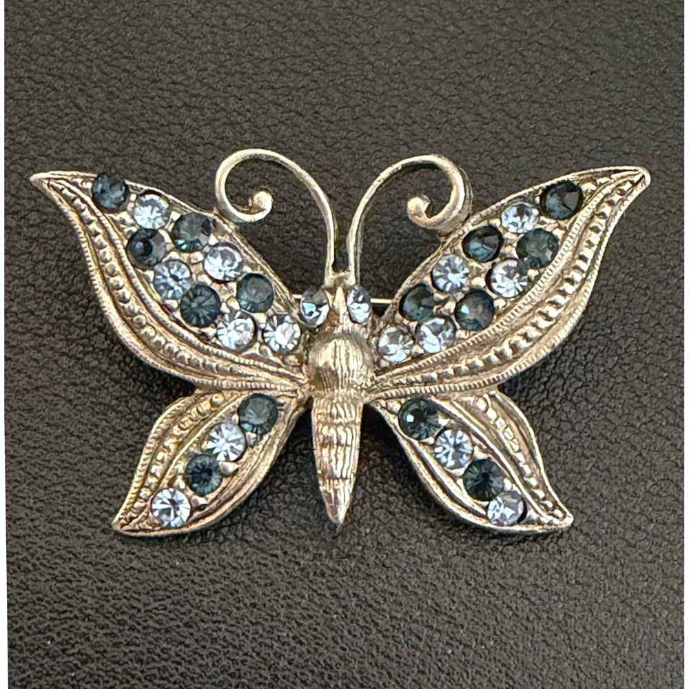 Rhinestone Butterfly Brooch Blue Silver Tone